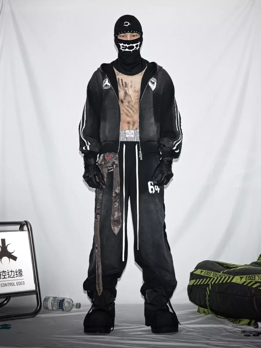 LoseControlEdge | Washed Vintage Printed Striped Sweatshirt & Sweatpants Set - 2