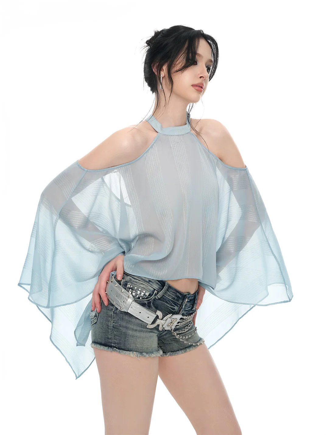 JYOSEI | Light Blue Sheer Chiffon Off-Shoulder Chain Top