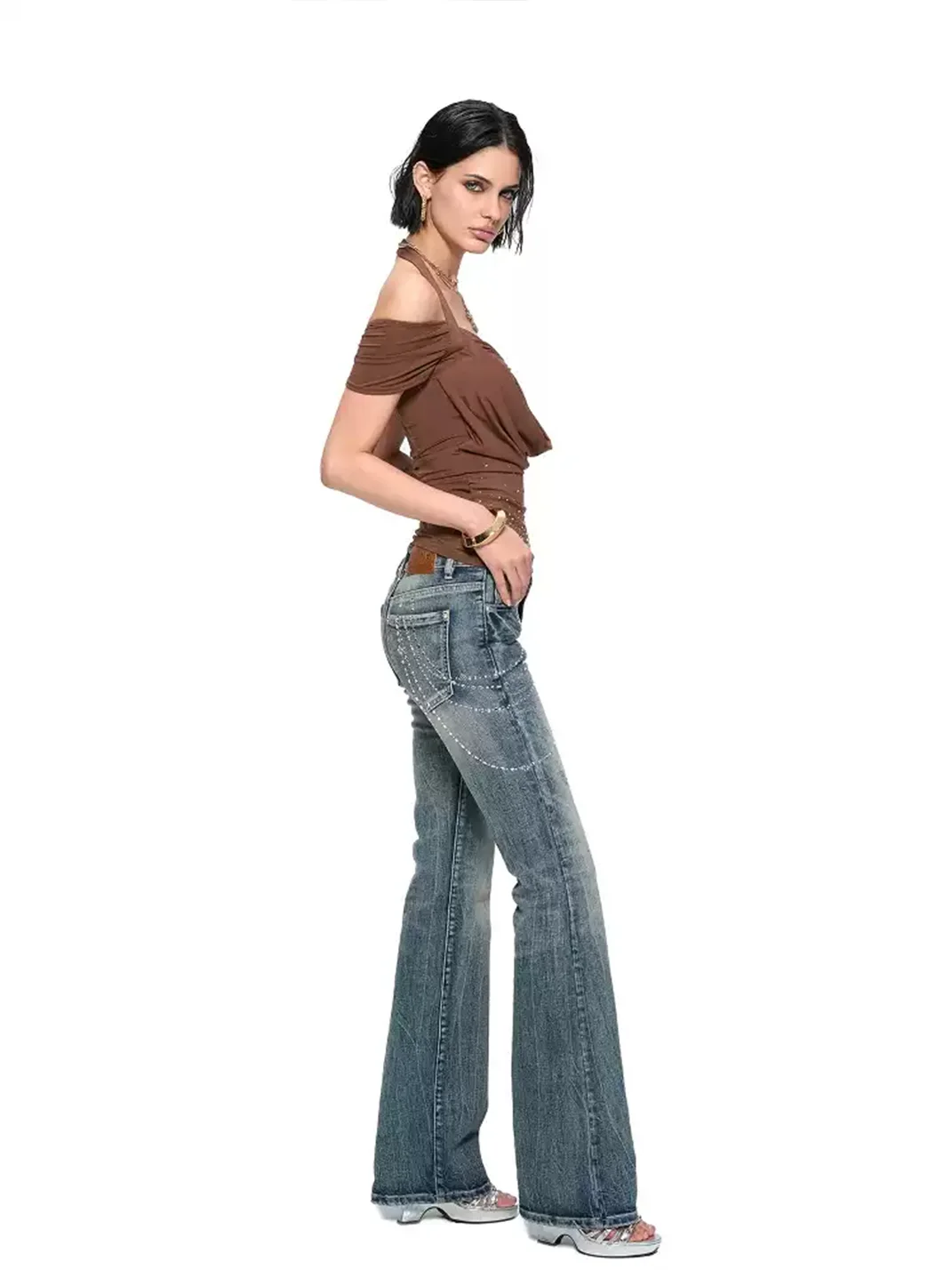 JYOSEI | Low Rise Rhinestone Flared Jeans