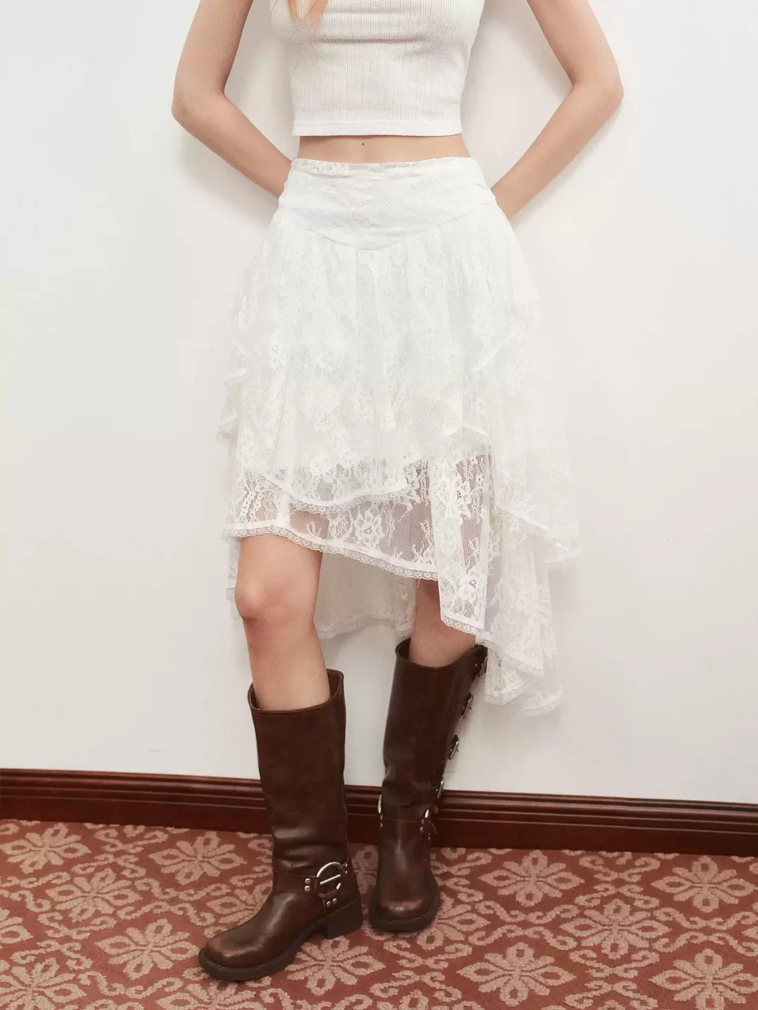 Ayo | Asymmetric Layered Lace Midi Skirt