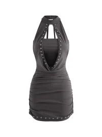 Latelylab | Gray Studded Halter Cutout Mini Dress
