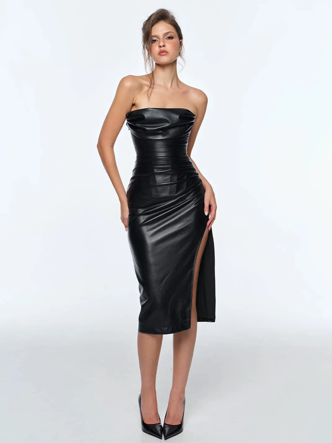 BUM STUDIO | Strapless Ruched PU Midi Dress