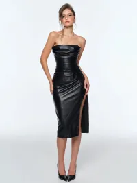 BUM STUDIO | Strapless Ruched PU Midi Dress