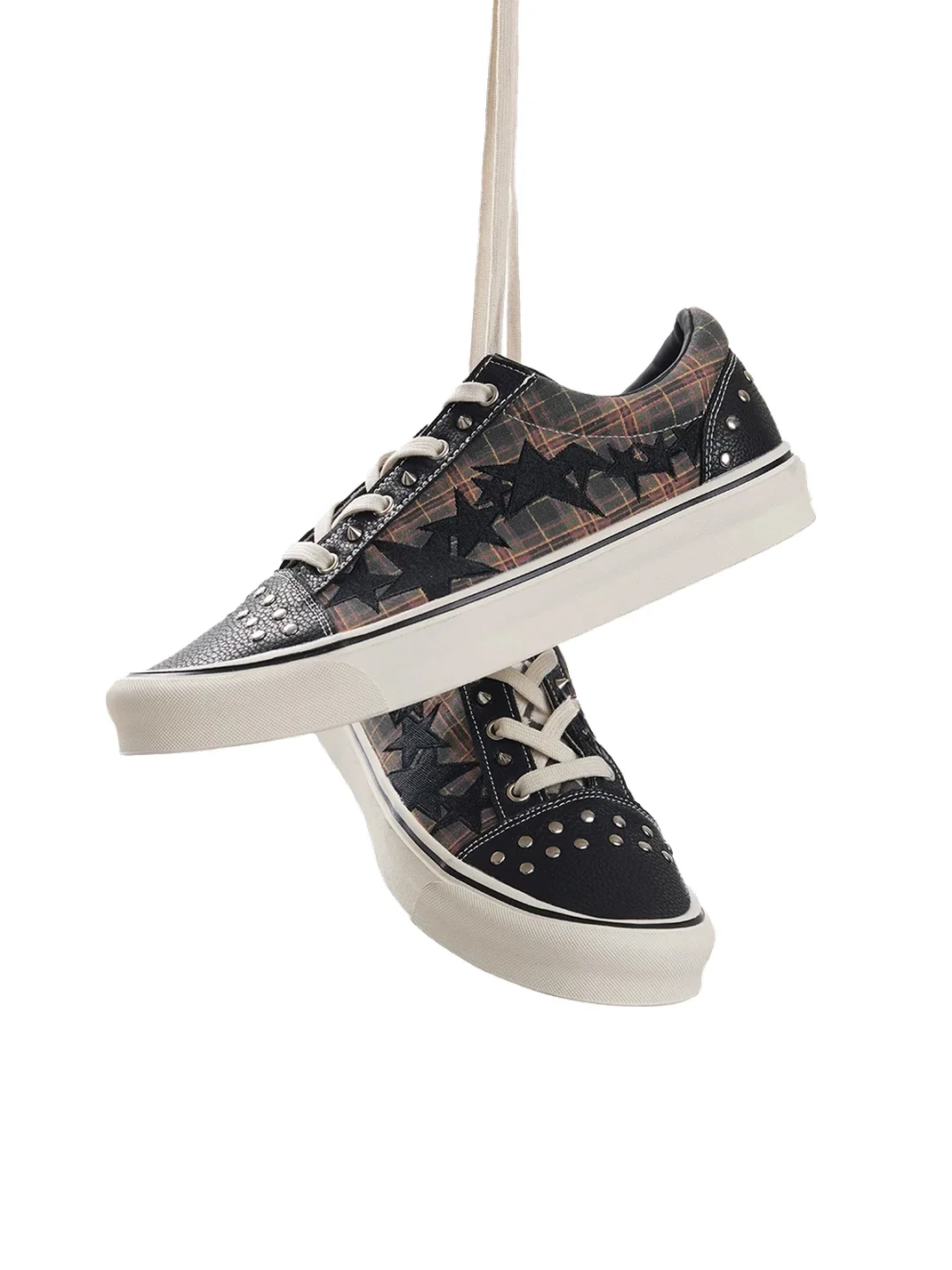 no E mosen | Plaid Leather Rivet Vulcanized Skate Sneakers