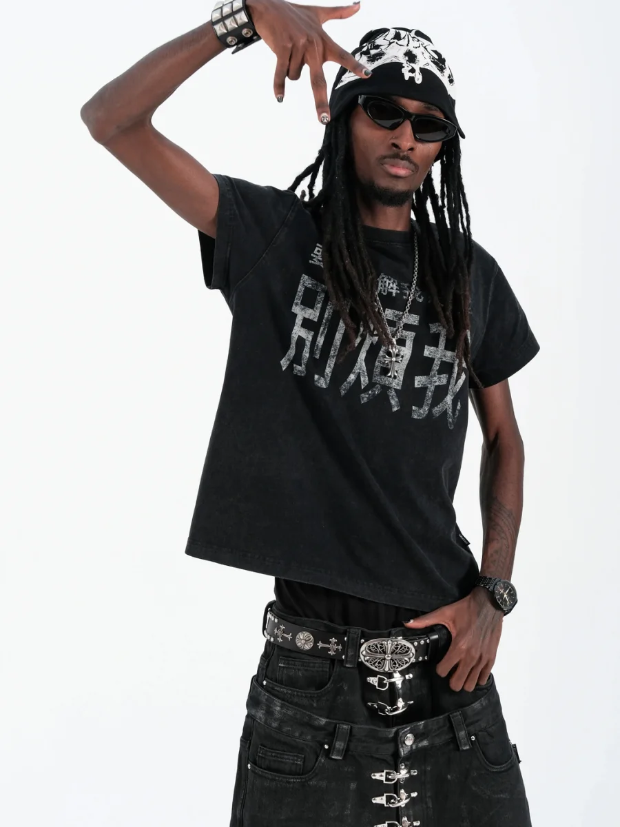 THEWET | Vintage Distressed Slim Cropped Graphic T-Shirt - 3