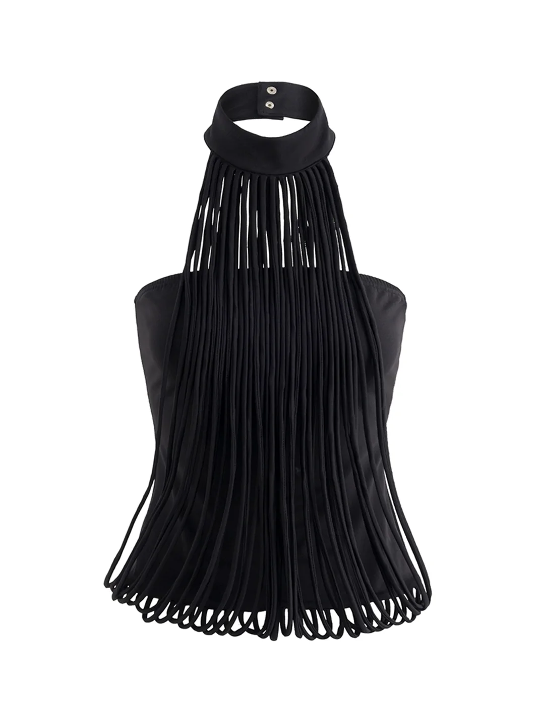Latelylab | Black Fringed Halter Backless Top