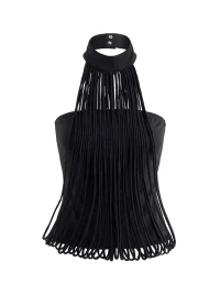Latelylab | Black Fringed Halter Backless Top