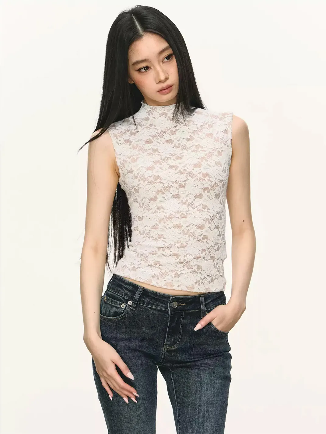 Anna aneae | Lace High Neck Fitted Tank Top