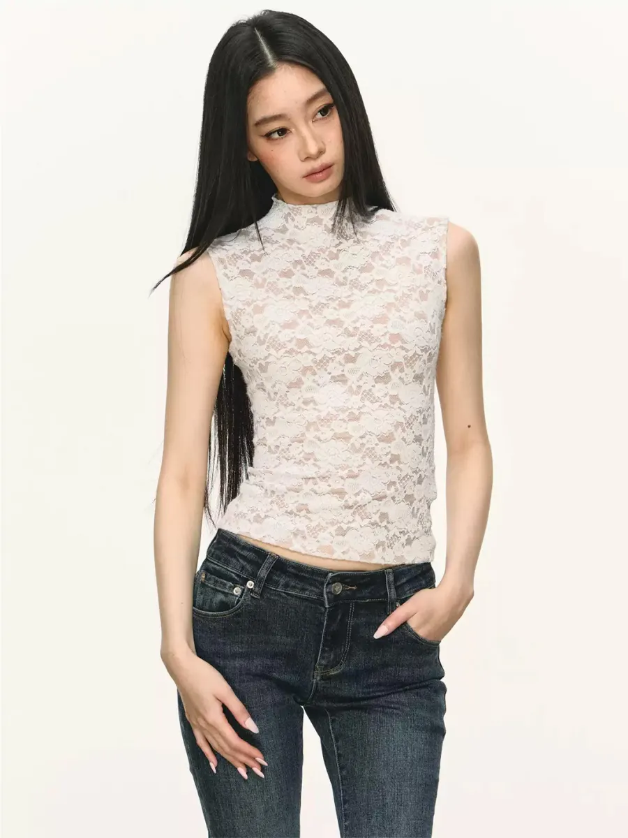Anna aneae | Lace High Neck Fitted Tank Top - 4