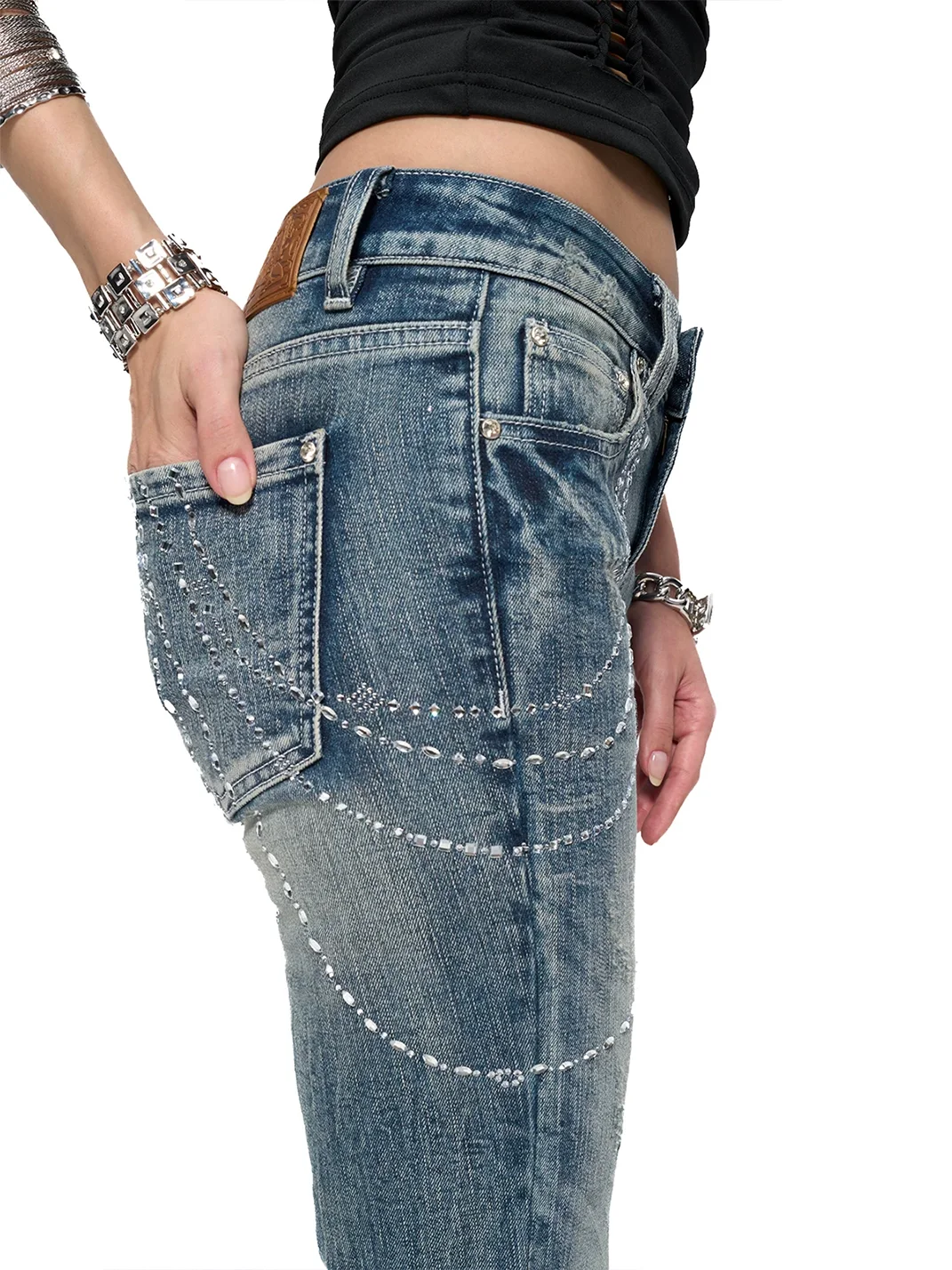 JYOSEI | Low Rise Rhinestone Flared Jeans