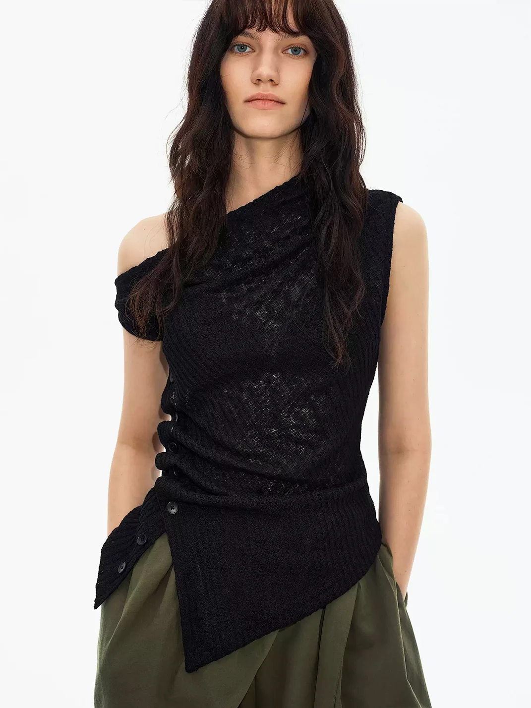Ayo | Asymmetric One-Shoulder Button Knit Top