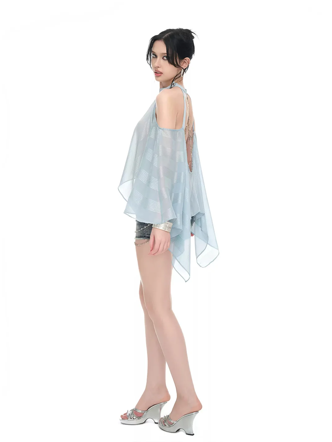 JYOSEI | Light Blue Sheer Chiffon Off-Shoulder Chain Top