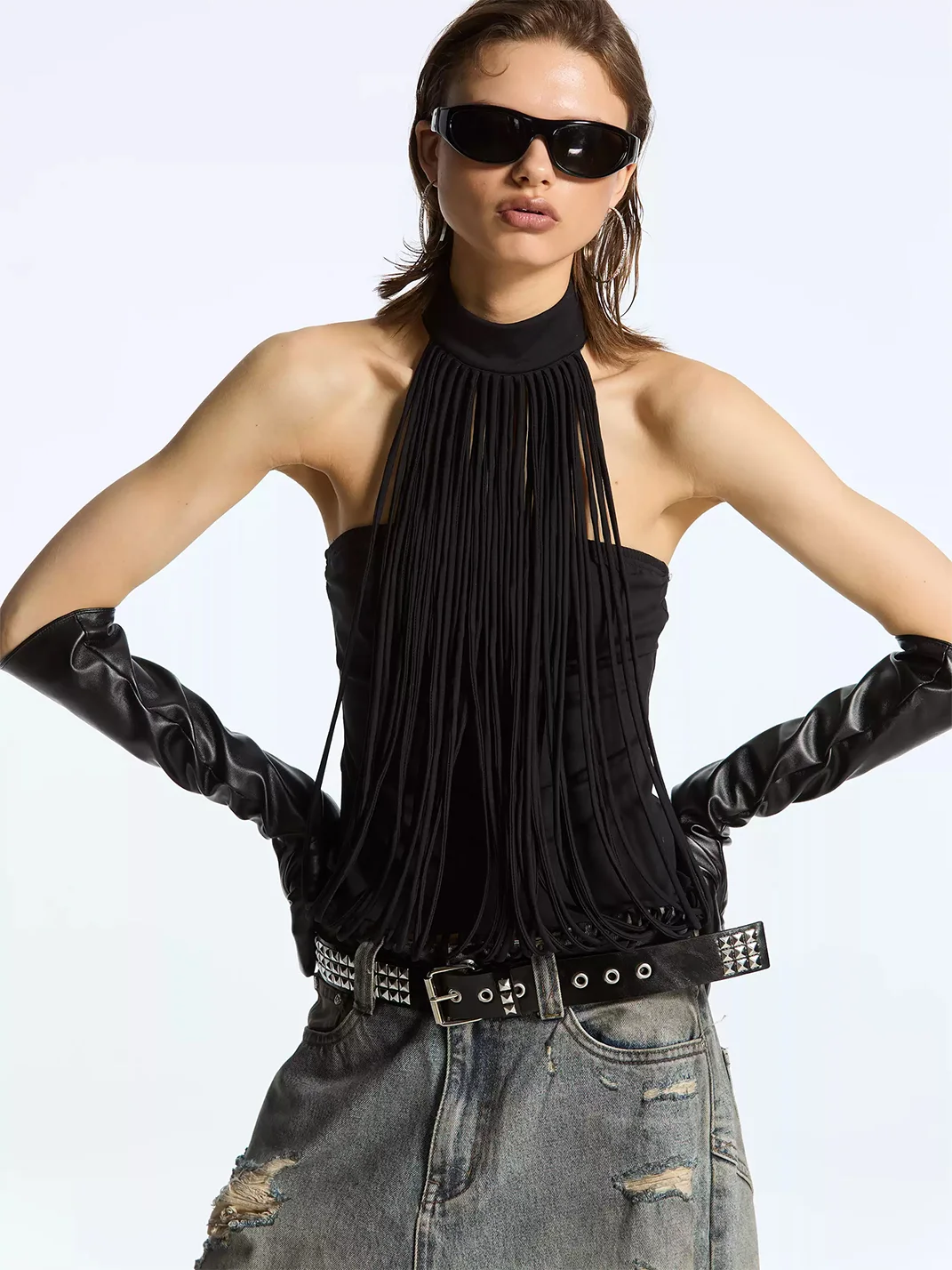 Latelylab | Black Fringed Halter Backless Top