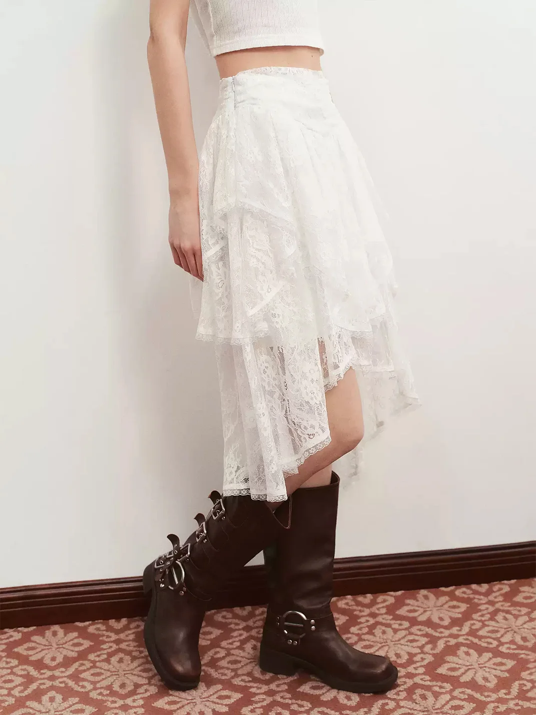 Ayo | Asymmetric Layered Lace Midi Skirt