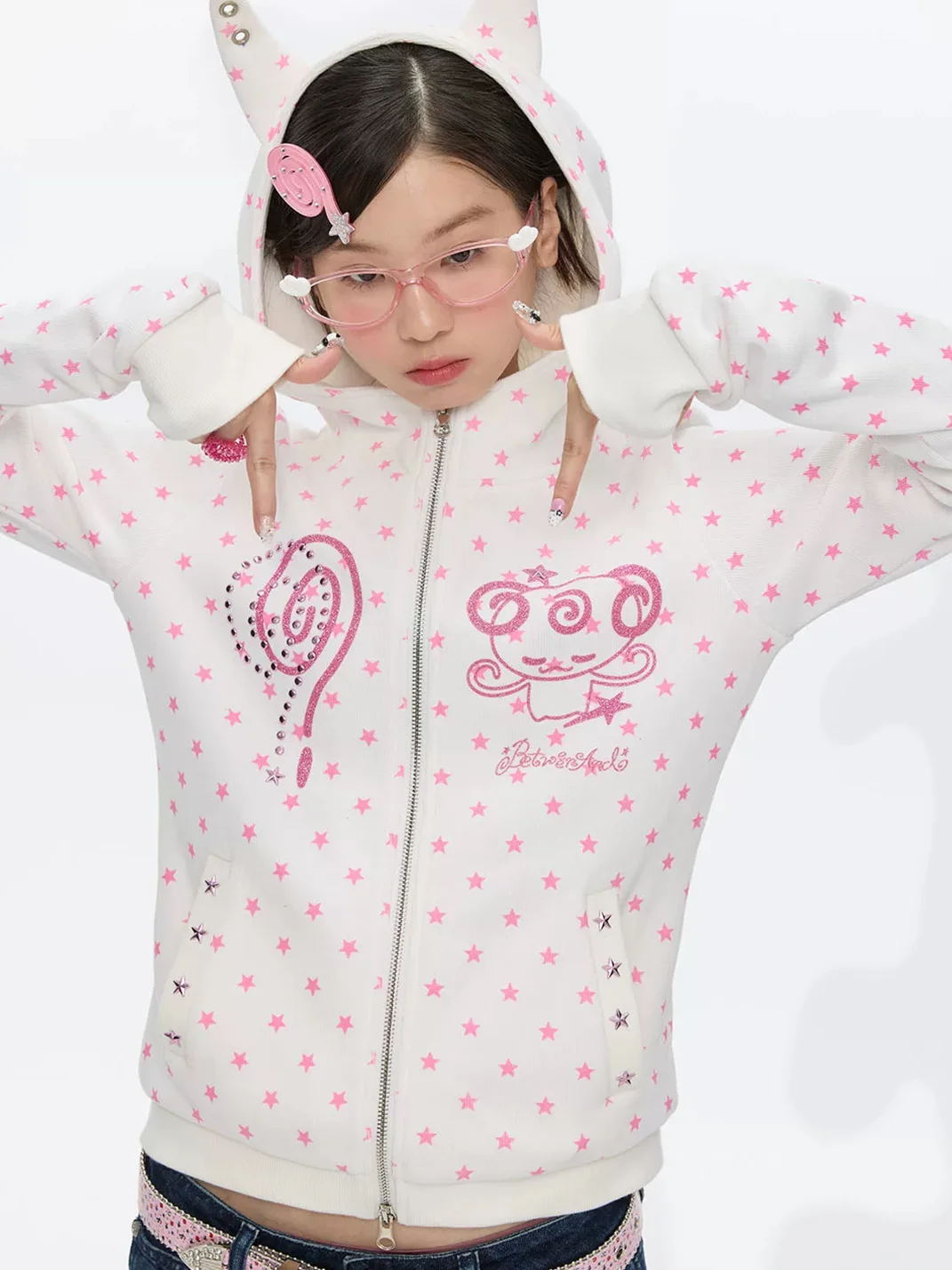 BETWEENAND | Slim Glitter Devil Ear Zip Hoodie