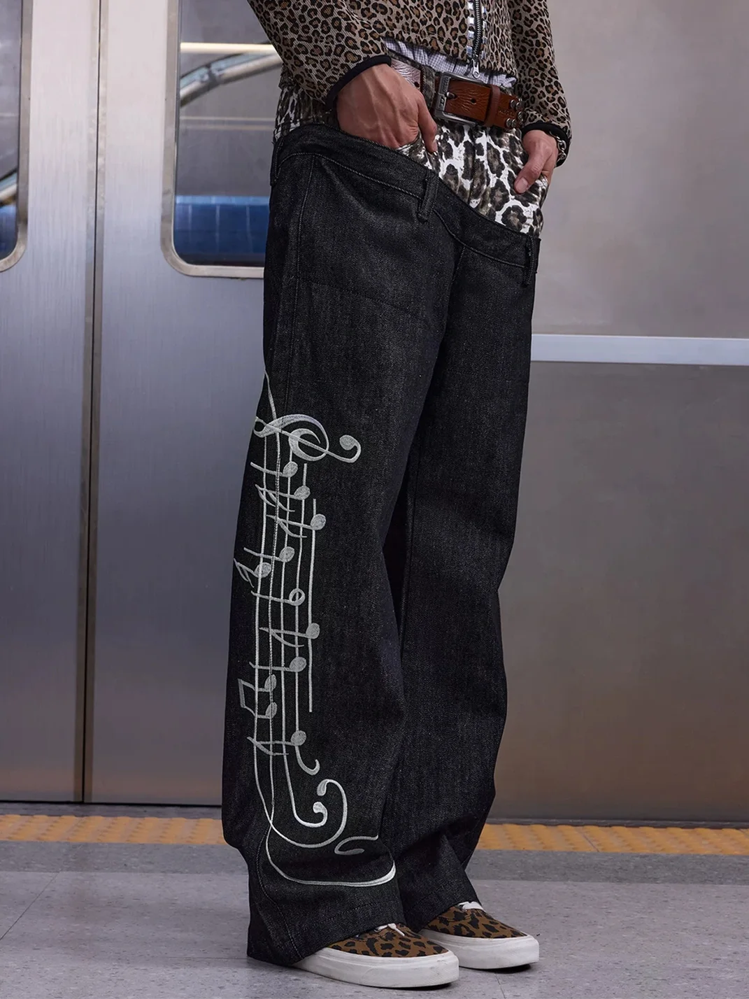 NumbAsia | Leopard Waist Music Note Baggy Jeans