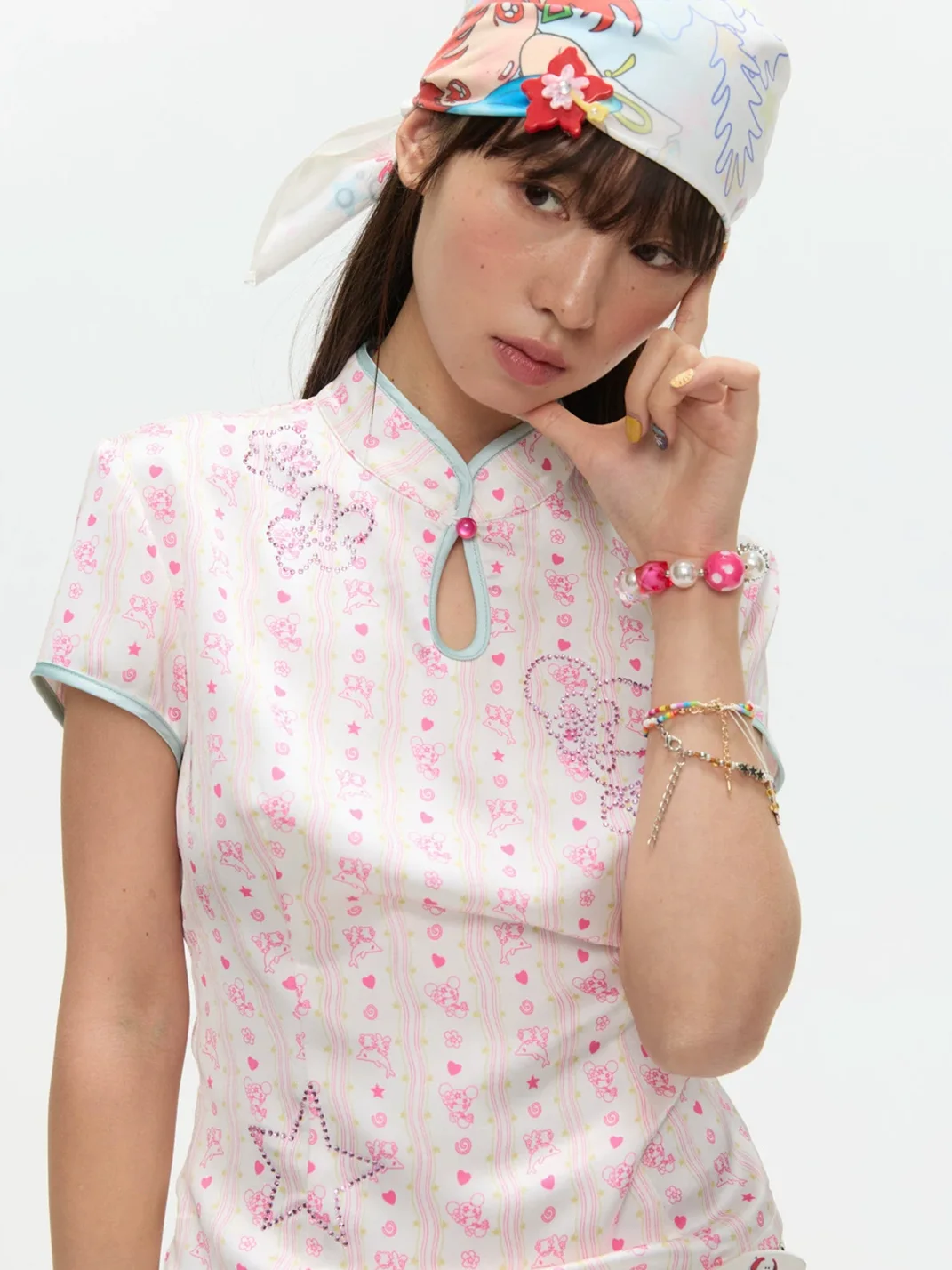 BETWEENAND | Printed Mandarin Collar Cheongsam Blouse