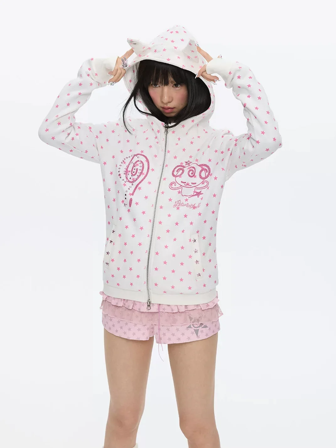 BETWEENAND | Slim Glitter Devil Ear Zip Hoodie
