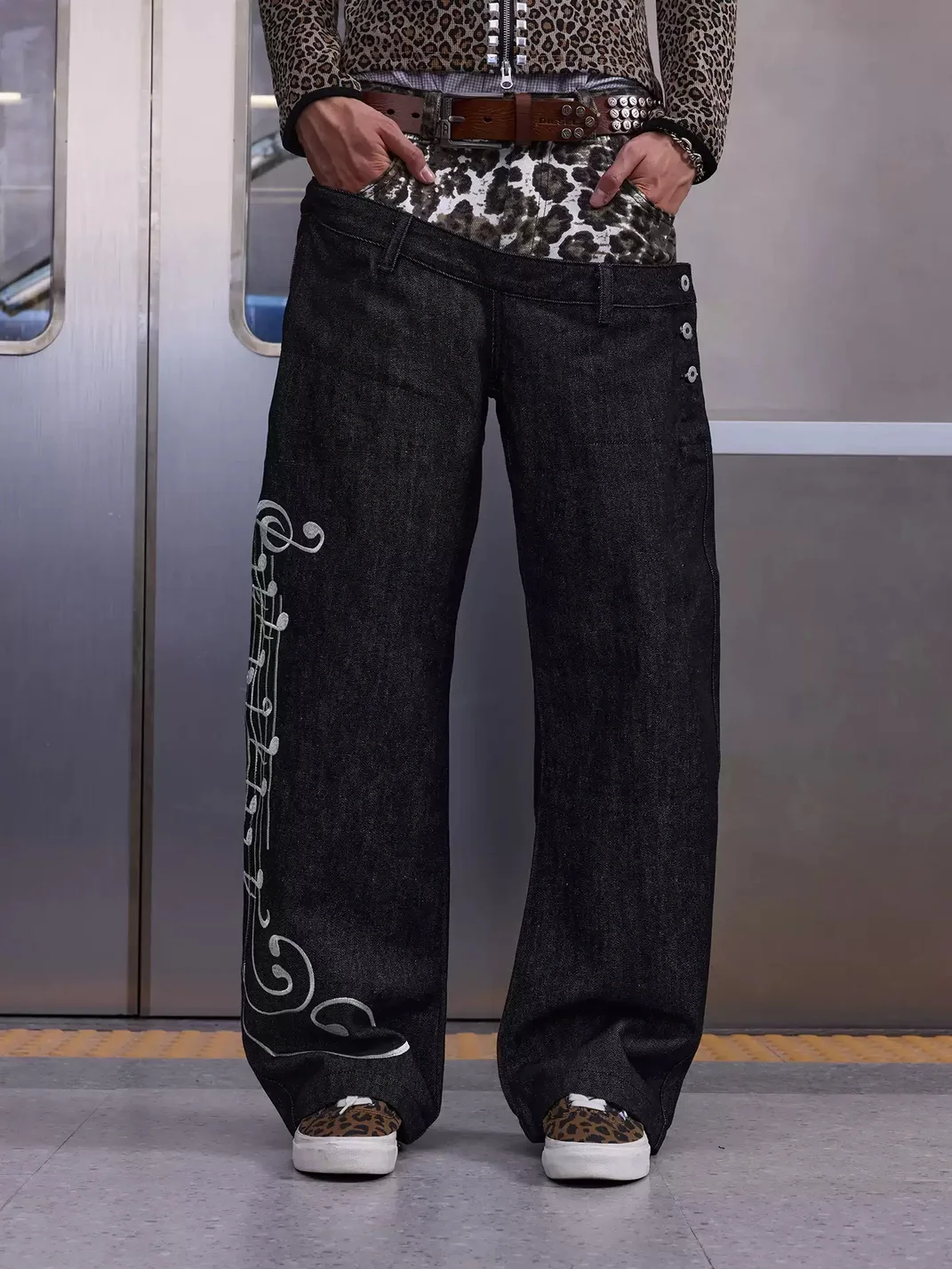 NumbAsia | Leopard Waist Music Note Baggy Jeans