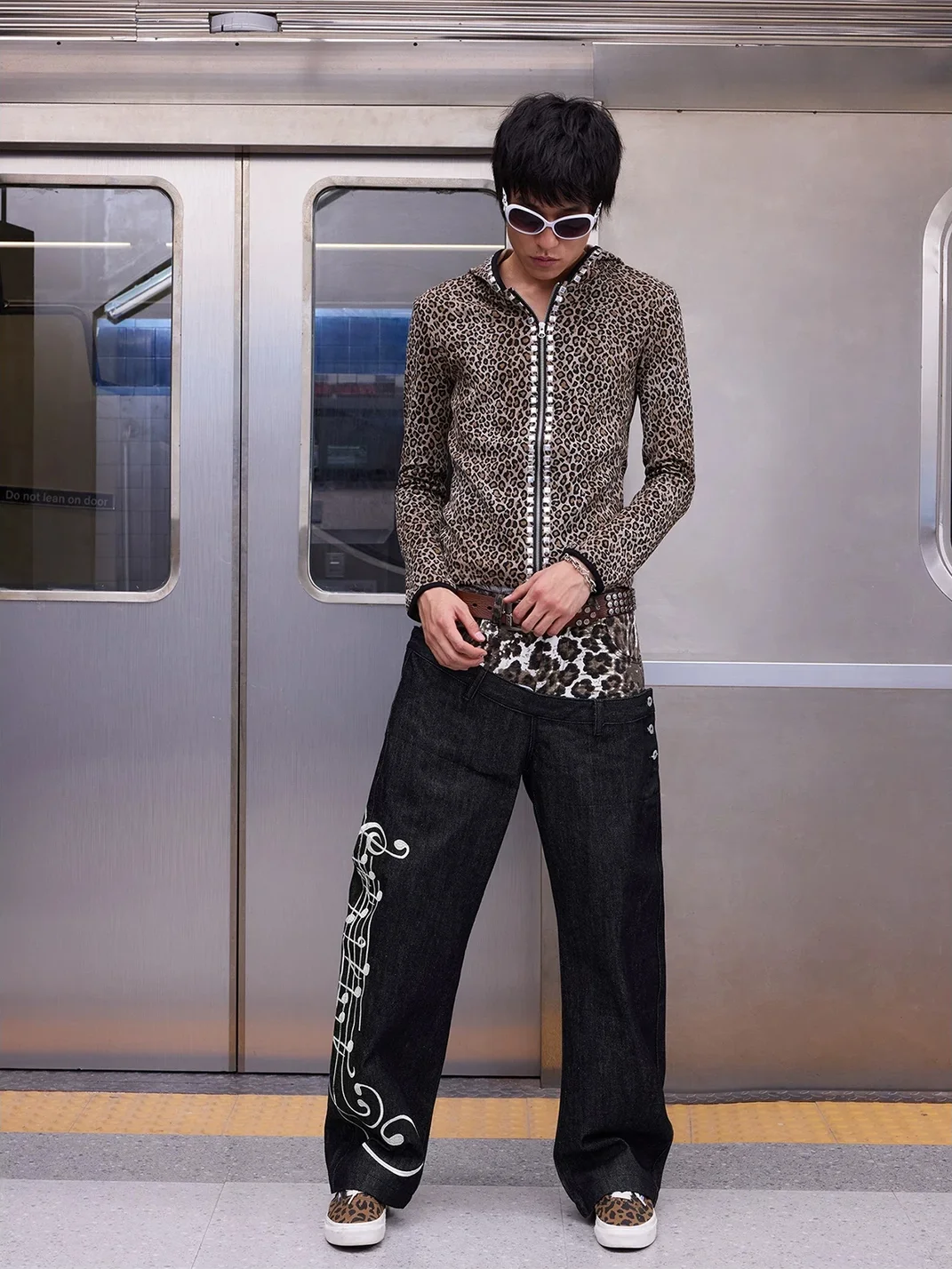 NumbAsia | Leopard Waist Music Note Baggy Jeans