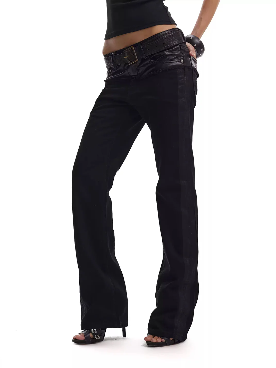 no E mosen | Waxed Slim Stacked Flared Patchwork Jeans