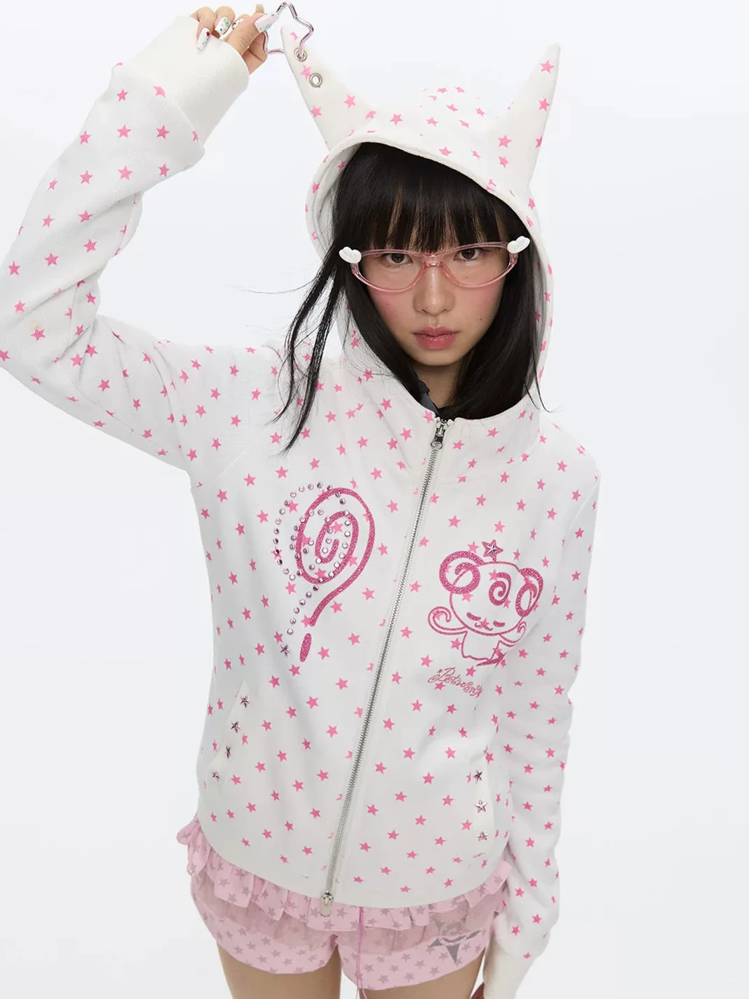 BETWEENAND | Slim Glitter Devil Ear Zip Hoodie