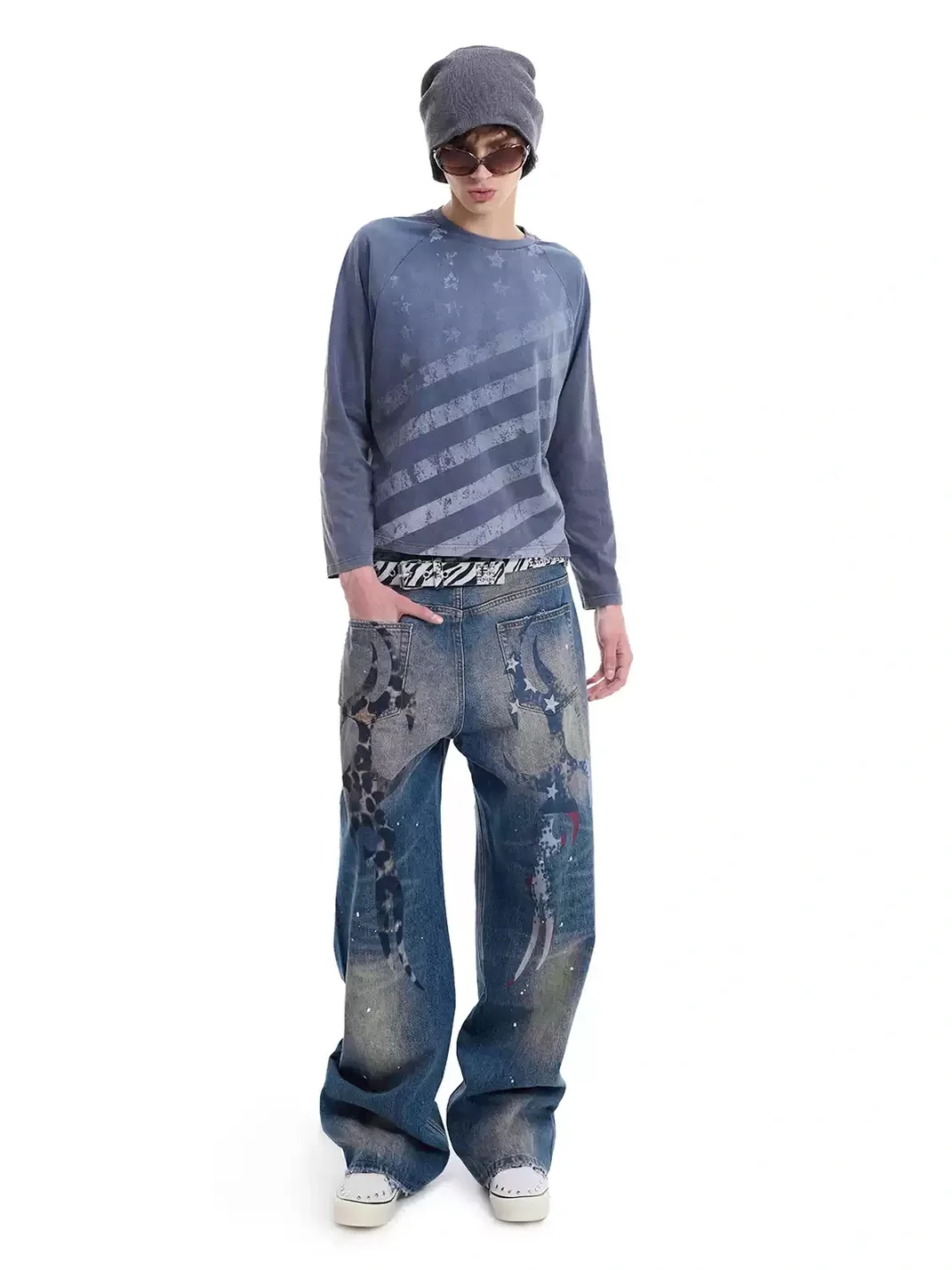 NumbAsia | Distressed Star Stripe Raglan Long Sleeve T-Shirt