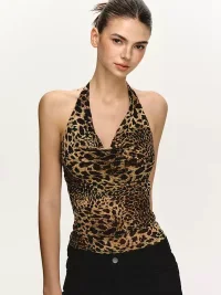 Anna aneae | Leopard Halter Draped Neck Fitted Top