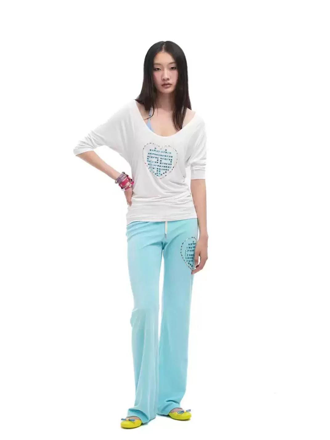 Sunny Shell | Rhinestone Heart Off-Shoulder Fitted Top