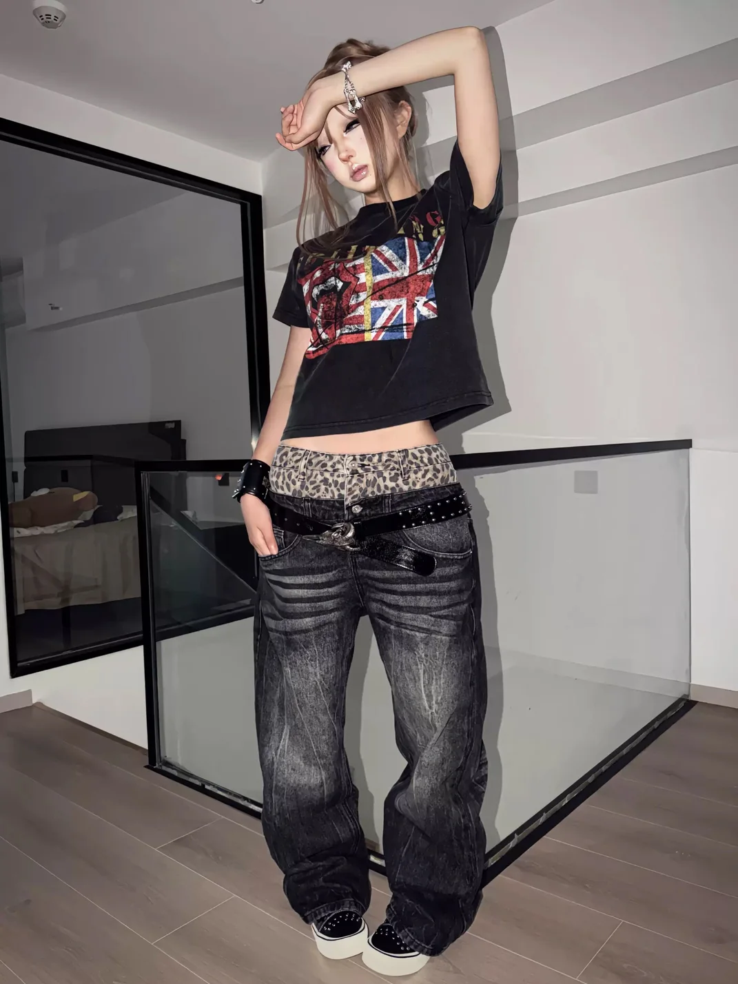 NumbAsia | Leopard Waist Washed Baggy Jeans