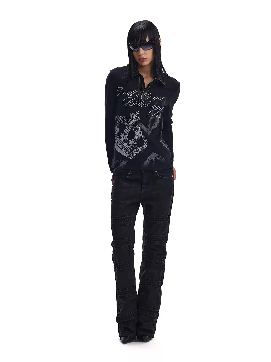 no E mosen | Crown Print Fitted Long Sleeve Polo Shirt