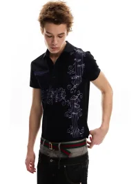 no E mosen | Wisteria Music Note Print Fitted Polo Shirt
