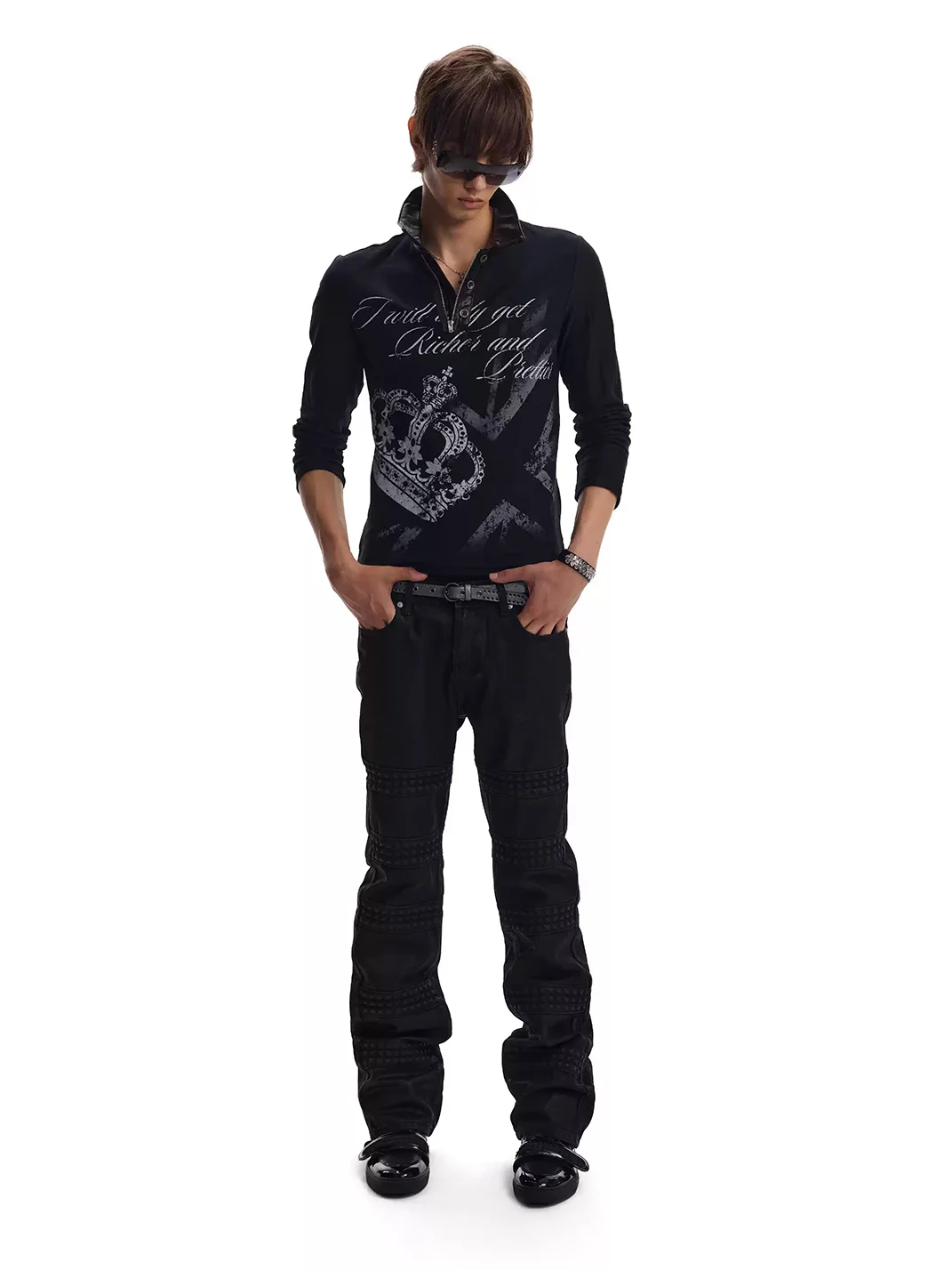 no E mosen | Crown Print Fitted Long Sleeve Polo Shirt