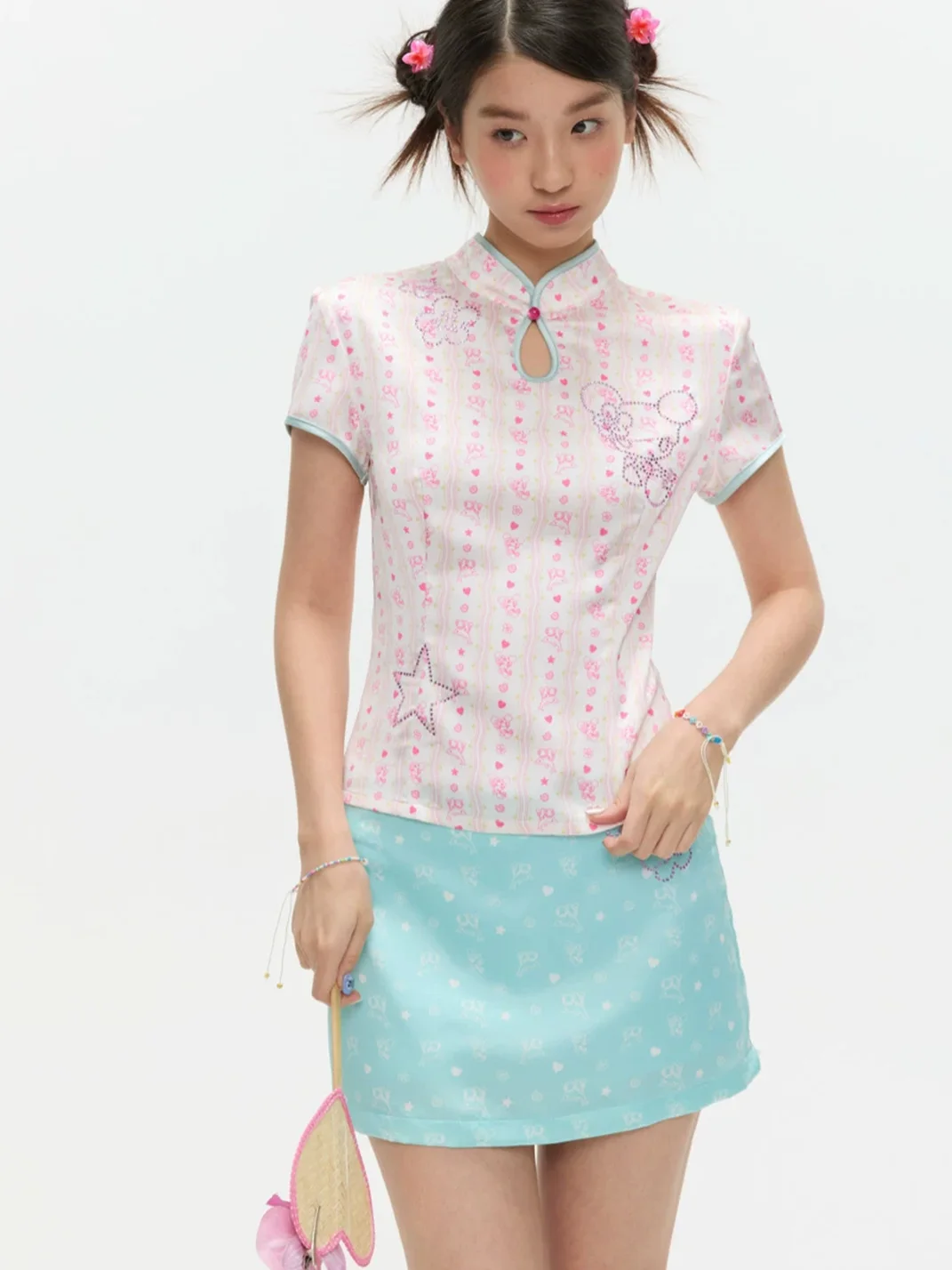 BETWEENAND | Printed Mandarin Collar Cheongsam Blouse