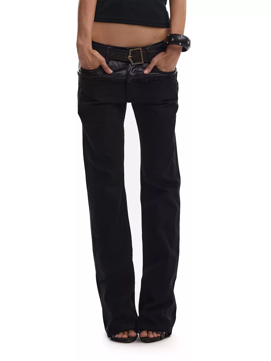 no E mosen | Waxed Slim Stacked Flared Patchwork Jeans