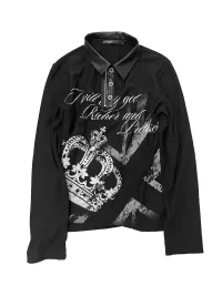no E mosen | Crown Print Fitted Long Sleeve Polo Shirt