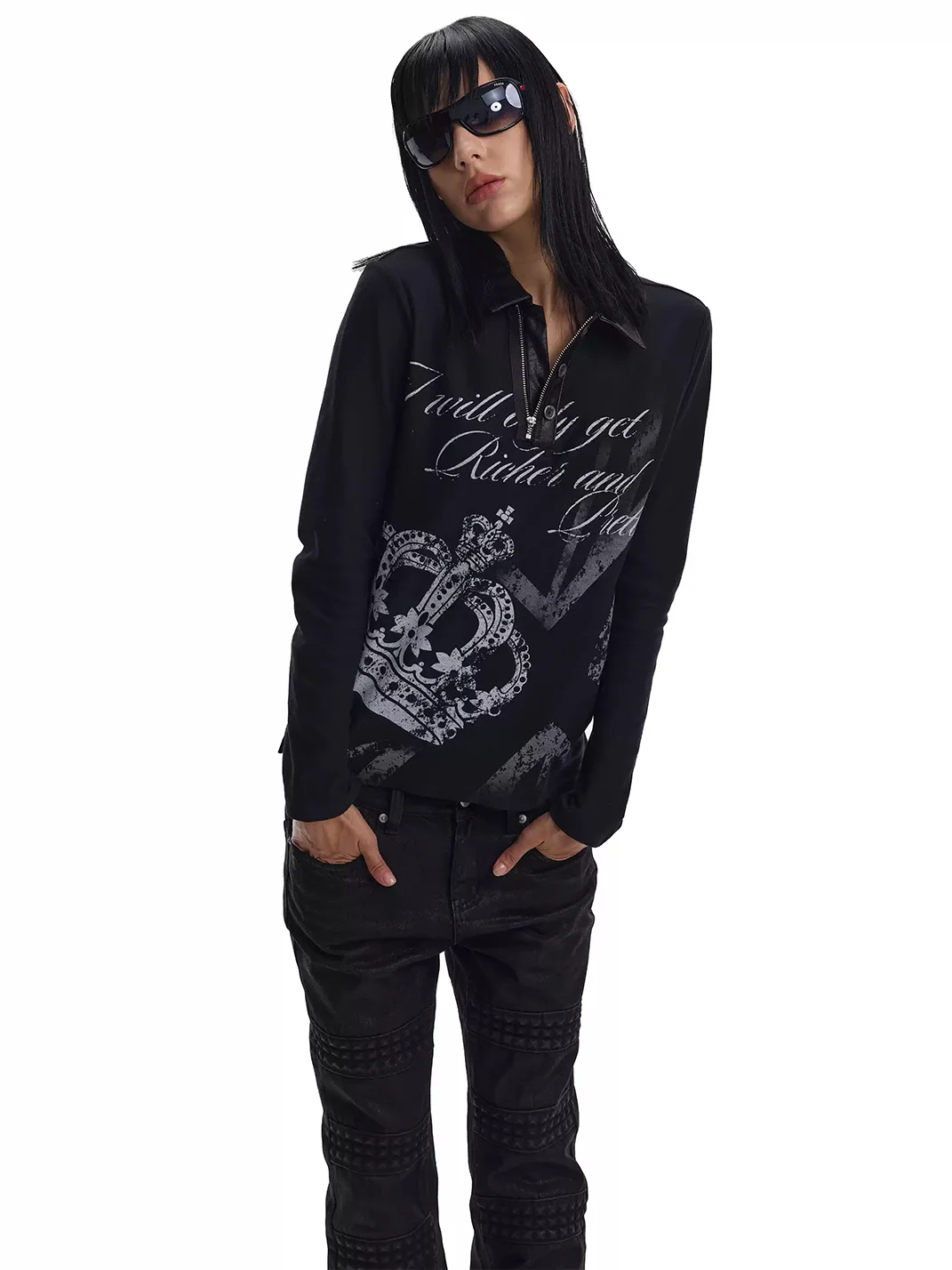 no E mosen | Crown Print Fitted Long Sleeve Polo Shirt