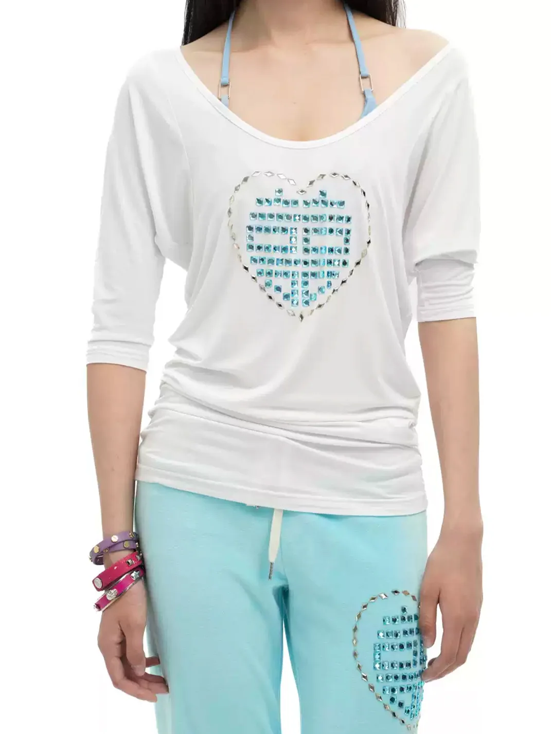Sunny Shell | Rhinestone Heart Off-Shoulder Fitted Top