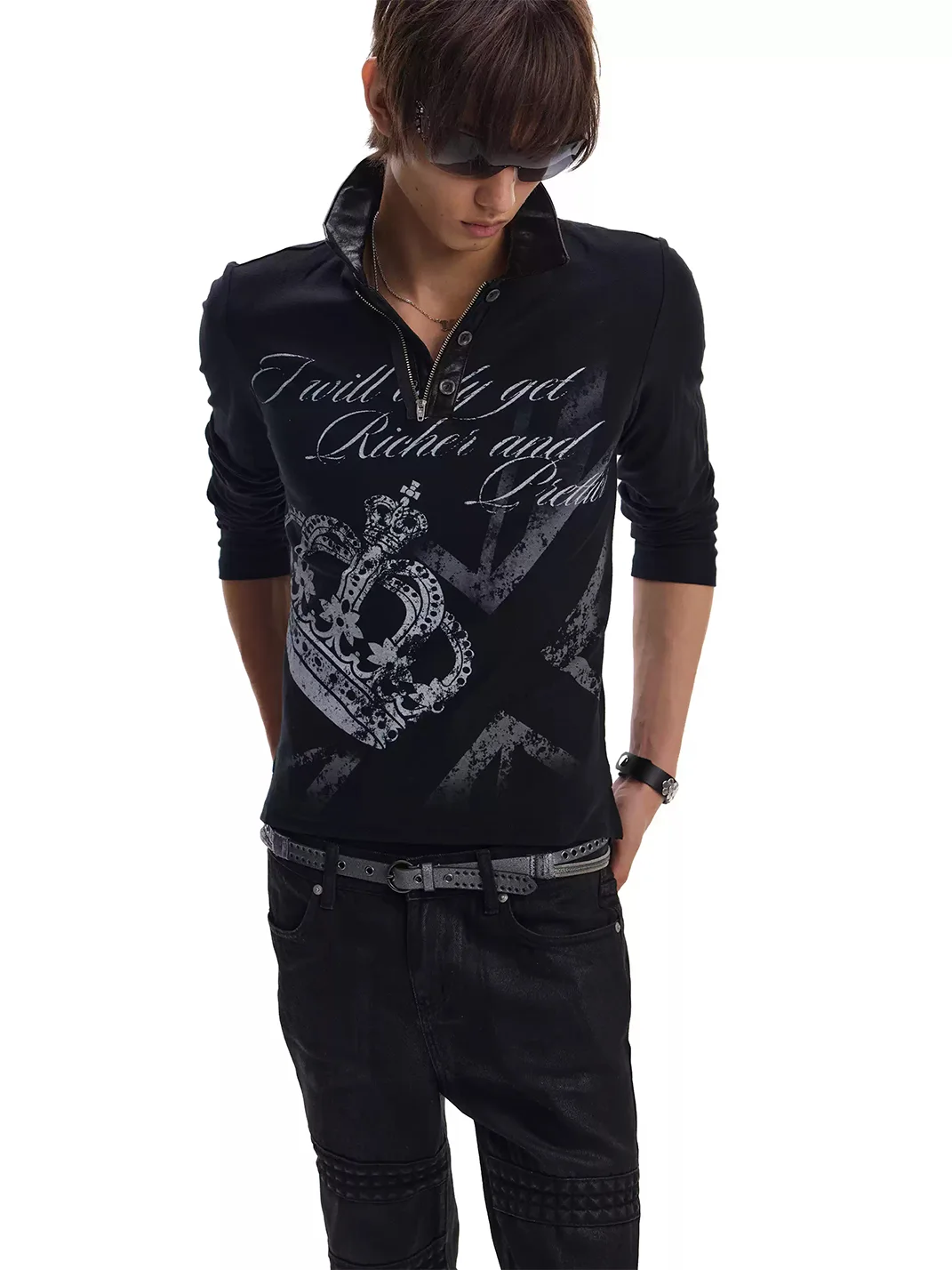 no E mosen | Crown Print Fitted Long Sleeve Polo Shirt
