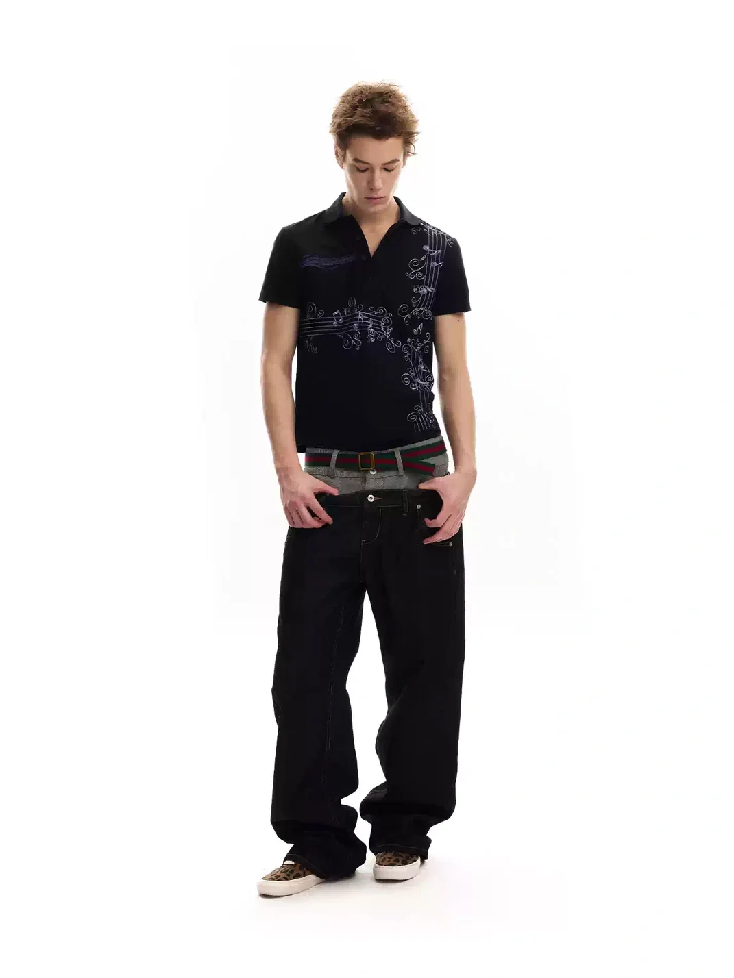 no E mosen | Wisteria Music Note Print Fitted Polo Shirt