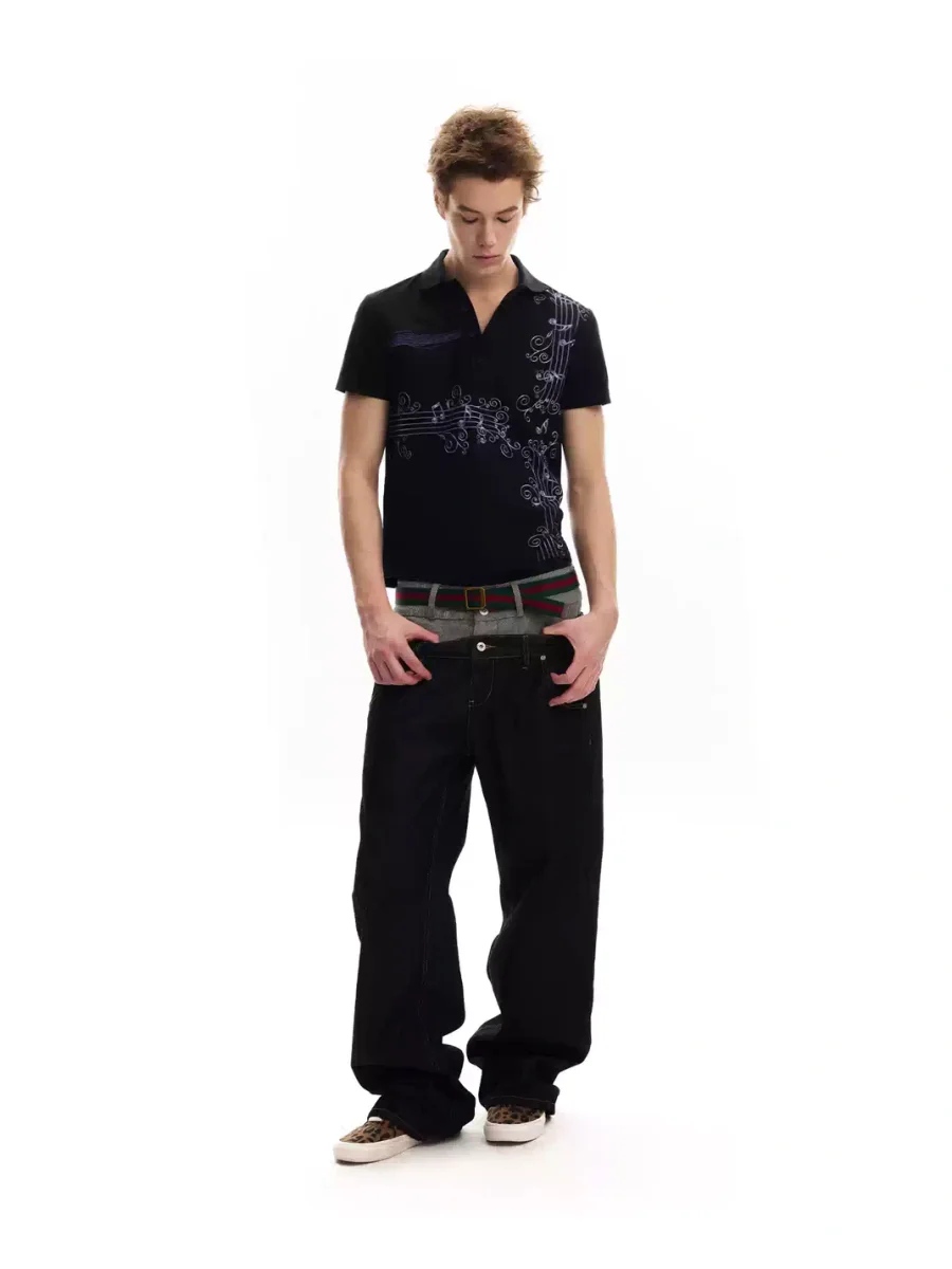 no E mosen | Wisteria Music Note Print Fitted Polo Shirt - 4