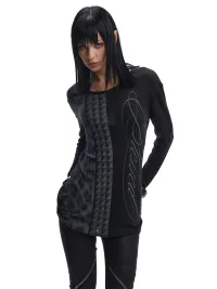 no E mosen | Studded Leopard Irregular Hem Fitted Long Sleeve Top