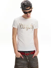 no E mosen | Liquid Metal Foil Print Fitted T-Shirt