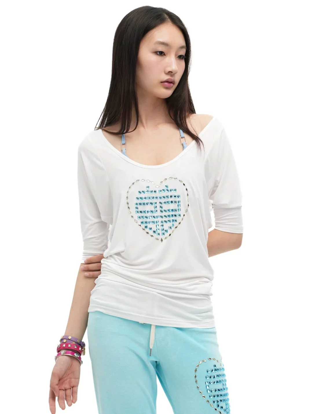 Sunny Shell | Rhinestone Heart Off-Shoulder Fitted Top