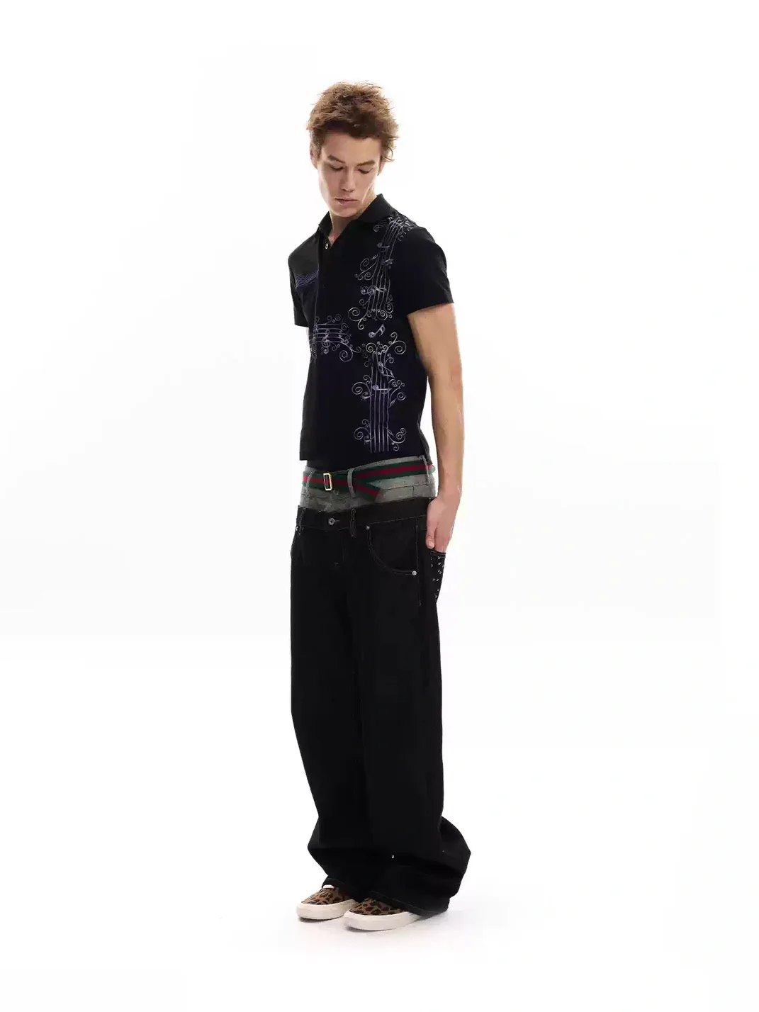 no E mosen | Wisteria Music Note Print Fitted Polo Shirt