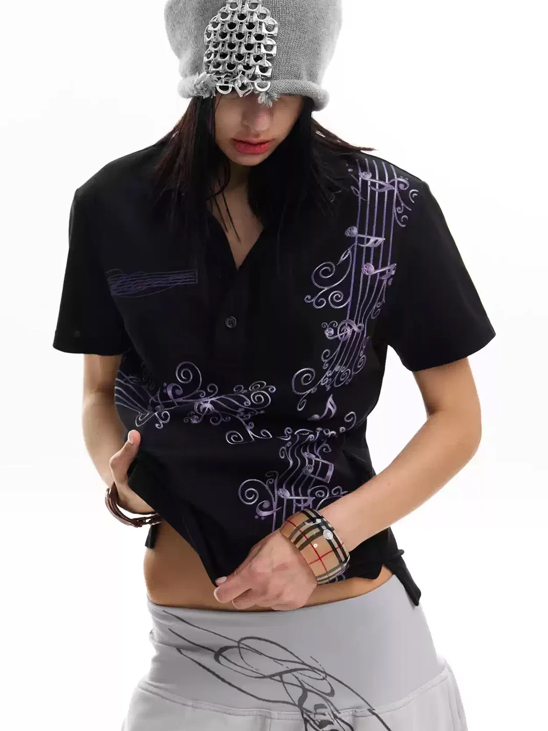 no E mosen | Wisteria Music Note Print Fitted Polo Shirt