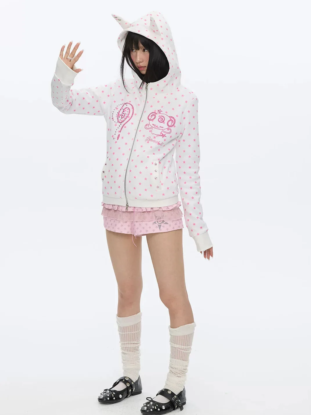 BETWEENAND | Slim Glitter Devil Ear Zip Hoodie
