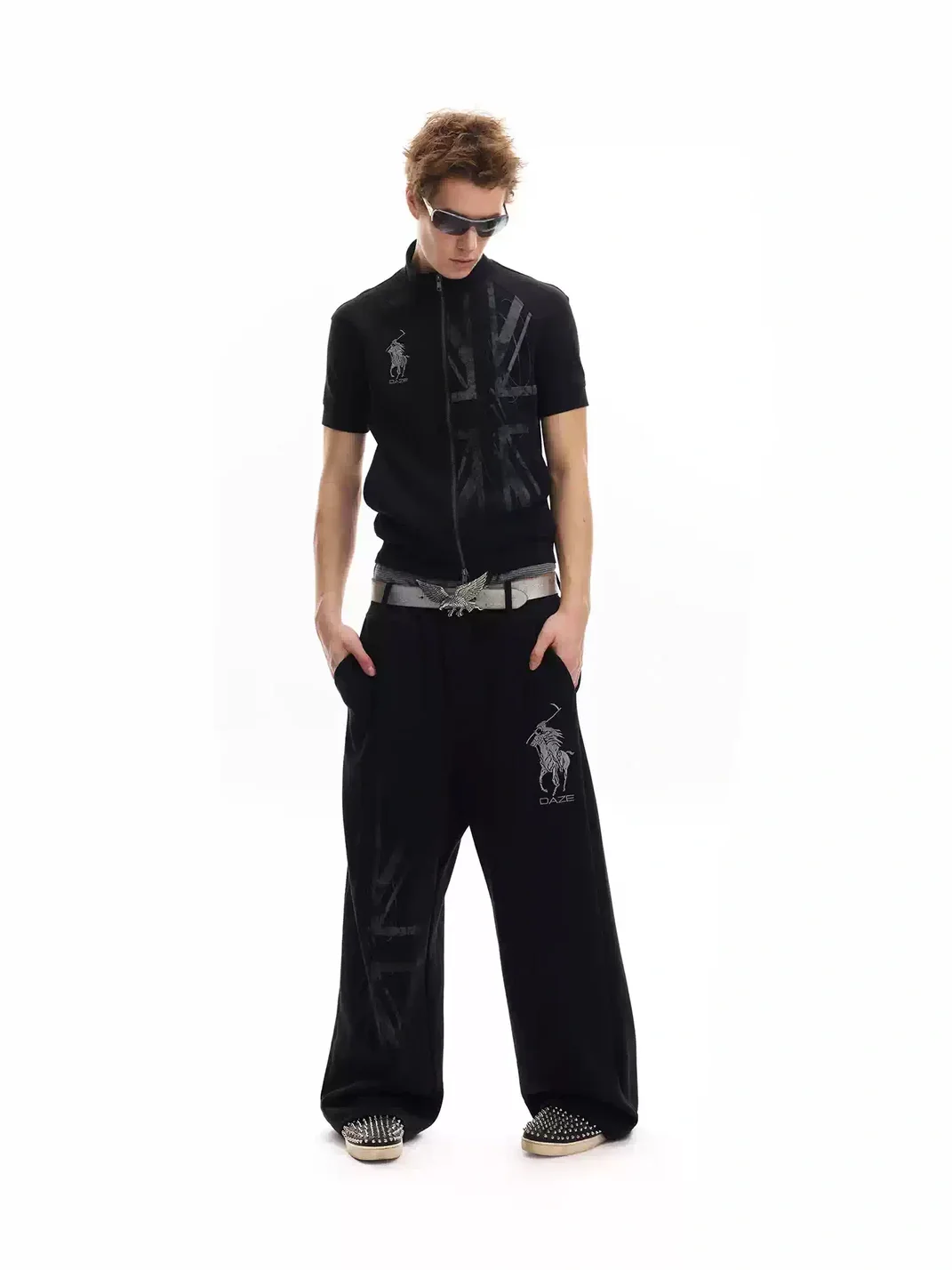 no E mosen | Union Jack Embroidered Baggy Wide-Leg Sweatpants