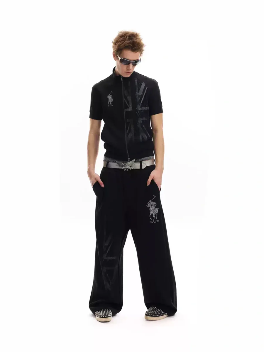 no E mosen | Union Jack Embroidered Baggy Wide-Leg Sweatpants - 4