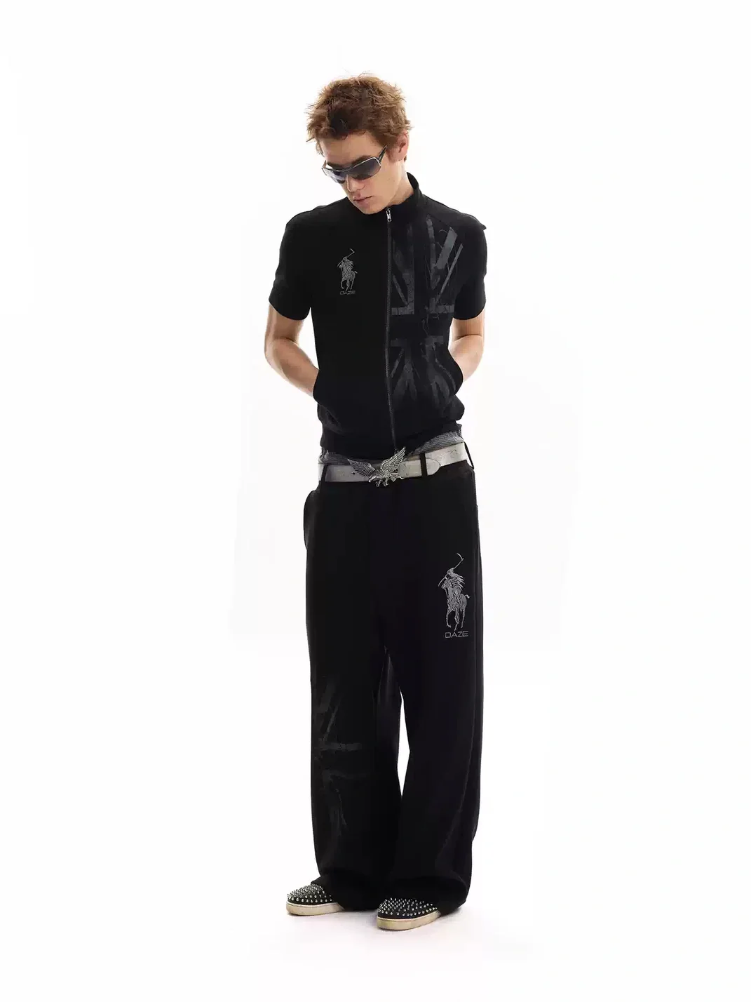no E mosen | Union Jack Embroidered Baggy Wide-Leg Sweatpants